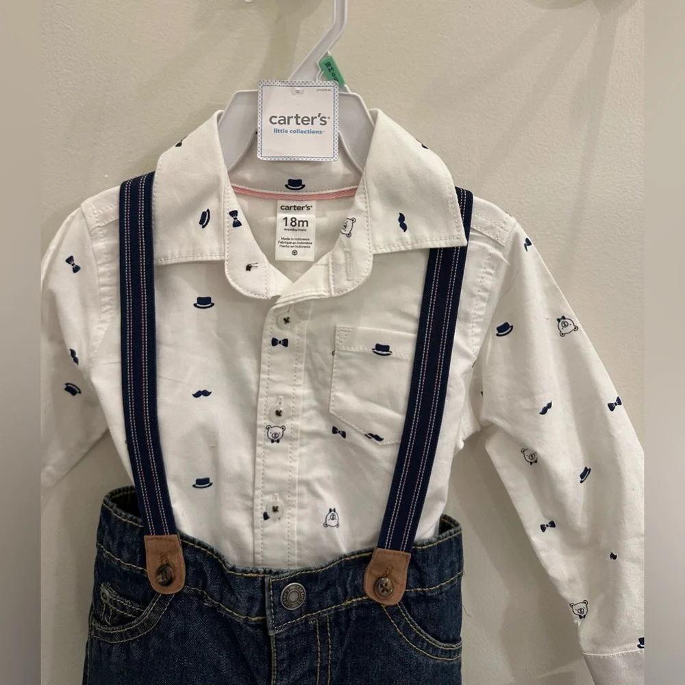 Carter’s 3 Piece Set Collared Button Up Onesie, Jeans and Suspenders - 18m